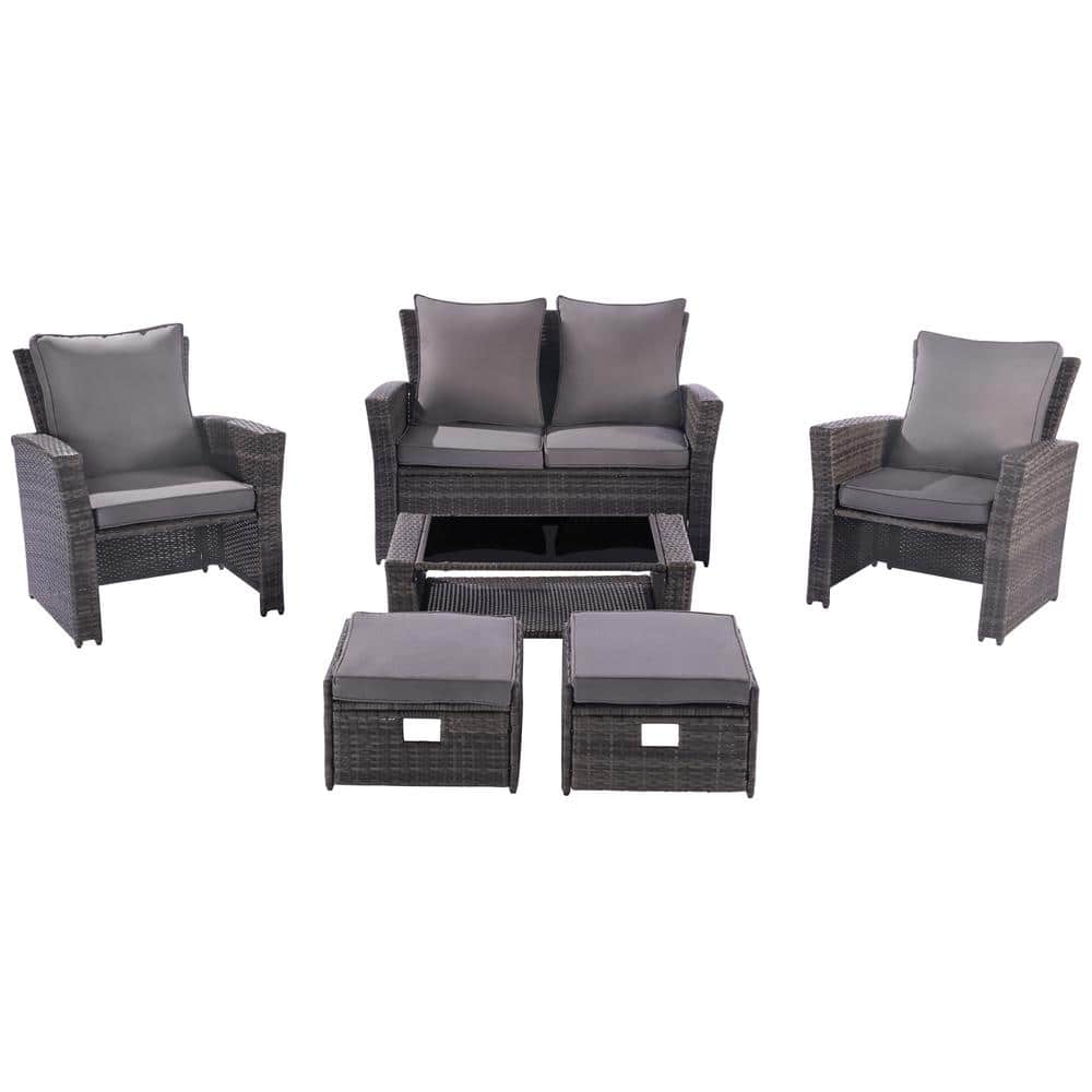 Modern 6-Piece Plastic Patio Conversation Set with Gray Cushion