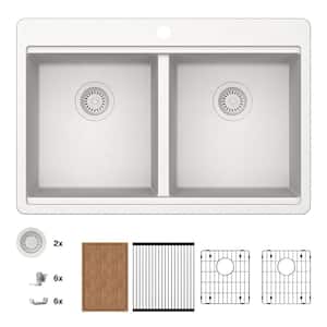 Stonehaven 33 in. Drop-In 50/50 Double Bowl White Ice Granite Composite Workstation Kitchen Sink with White Strainer