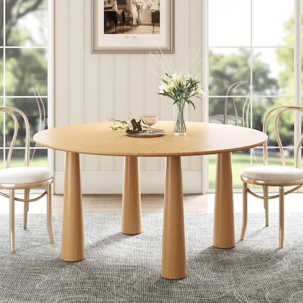 Lirago Round Light Brown Solid Wood 52 in. Kitchen Tables 4-Legs Dining Table Seats 6