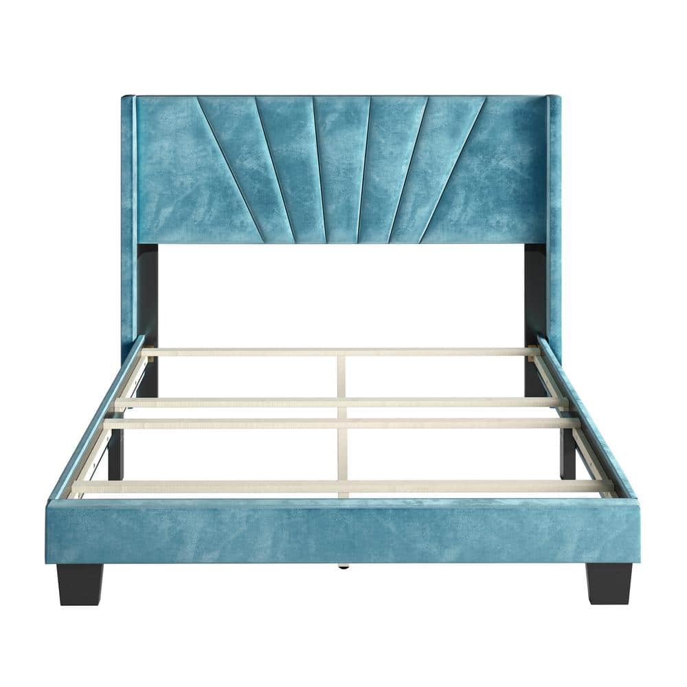 Sapphira Queen Aqua Velvet Upholstered Platform Bed with Tufted Headboard