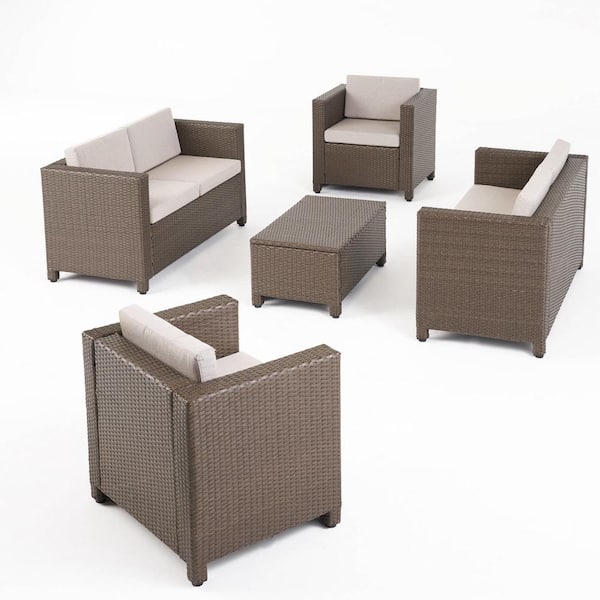 Noble House Puerta Brown 5-Piece Faux Rattan Patio Conversation Seating Set with Ceramic Grey Cushions