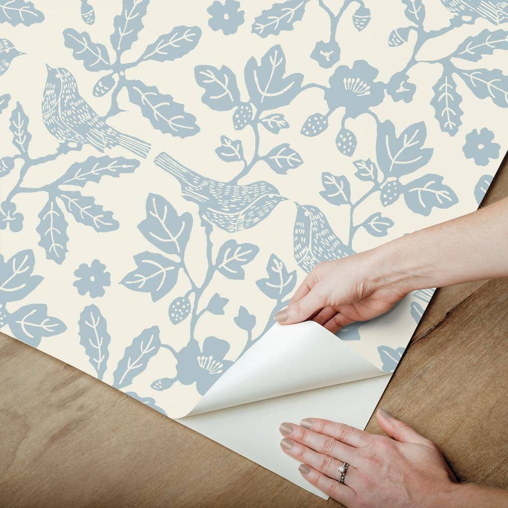 Glacial Blue Bird and Botanical Peel & Stick Wallpaper