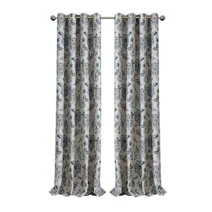 Blue/Taupe Floral Blackout Curtain - 52 in. W x 95 in. L