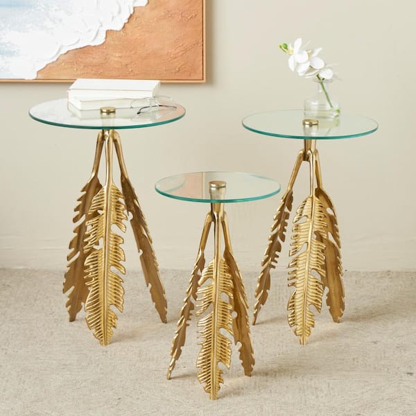 Litton Lane 16 in. Gold Leaf Round Metal End Table with Tripod Legs and Tempered Glass Top (3-Pieces)