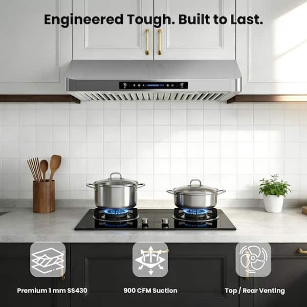 36 in. 900 CFM Ducted Under Cabinet Range Hood in Stainless Steel with 3-Way Venting, Long-term Warranty and LED Lights
