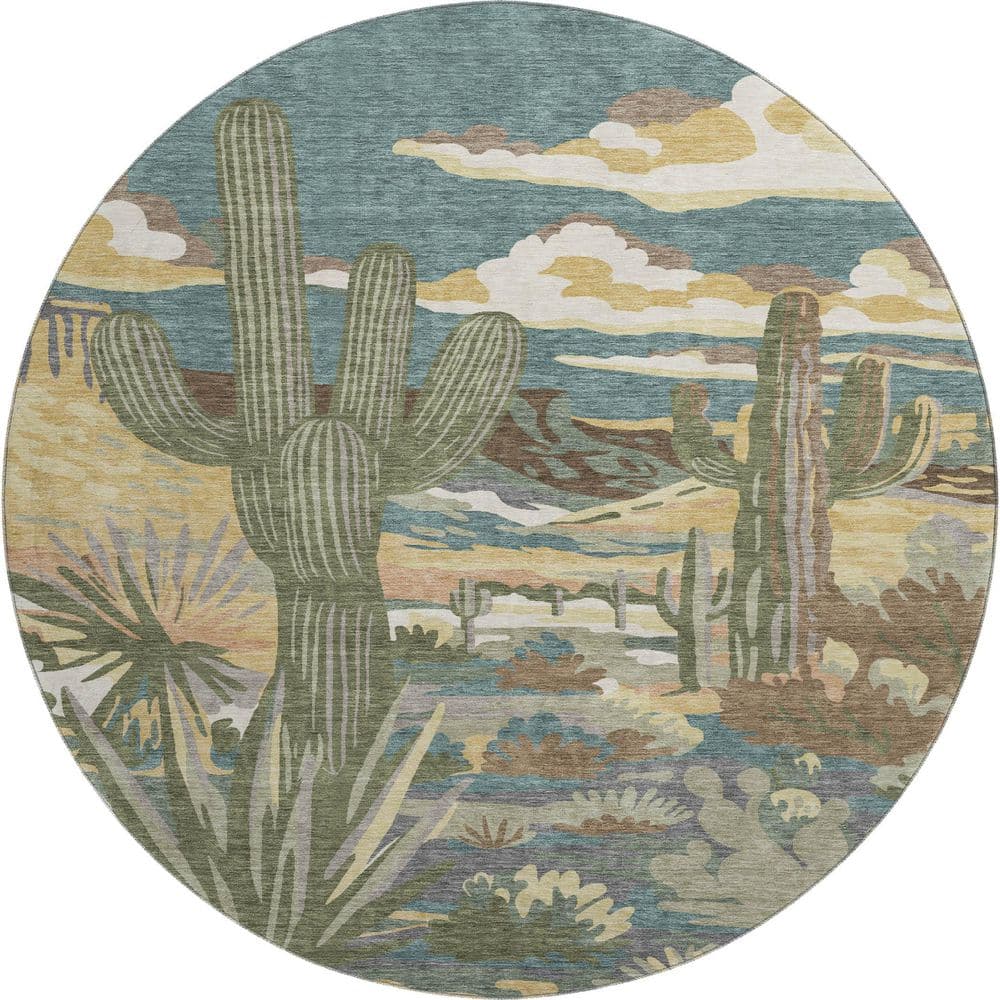 Mayfield Premium Machine Washable Abstract AMF2496 Teal 8 ft. x 8 ft. Round Rug price history on PriceWatchPro