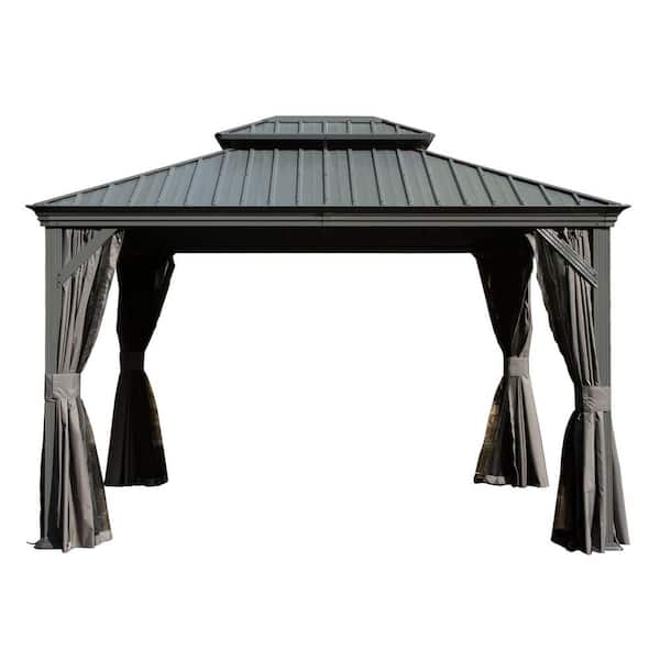 10 ft. x 12 ft. Grey Hardtop Gazebo with Drainage System, Dual-Layer Galvanized Steel Roof, Curtain and Netting