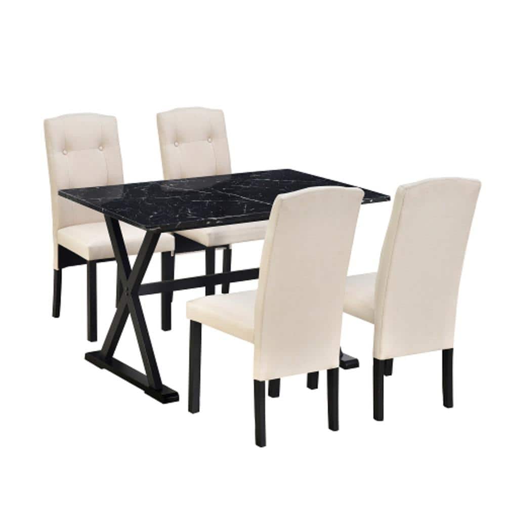 Faux Marble Black 5-Piece Wood Table Tufted Comfortable Upholstered Chairs 