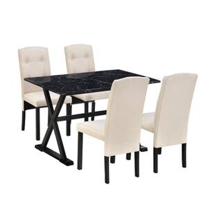 Faux Marble Black 5-Piece Wood Table Tufted Comfortable Upholstered Chairs Outdoor Dining Set with Beige Cushion