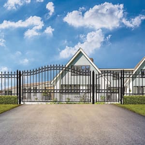 London Style 12 ft. x 4 ft. with Pedestrian Gate Black Steel Swing Dual Driveway Fence Gate