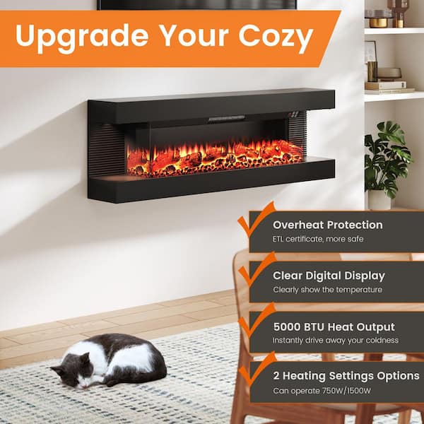 50 in. 3-Sided Wall-Mounted Metal Electric Fireplace with Mantel, LED Flame, Side Ambient Lights, Remote, Timer in Black