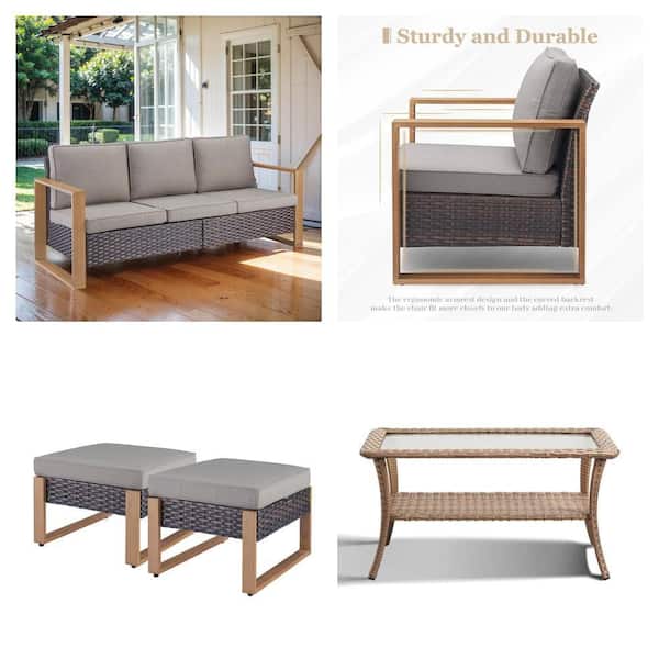 Wicker Patio Sofa, Lounge Chair, 2-Pack Ottoman and Yellow Side Table Set