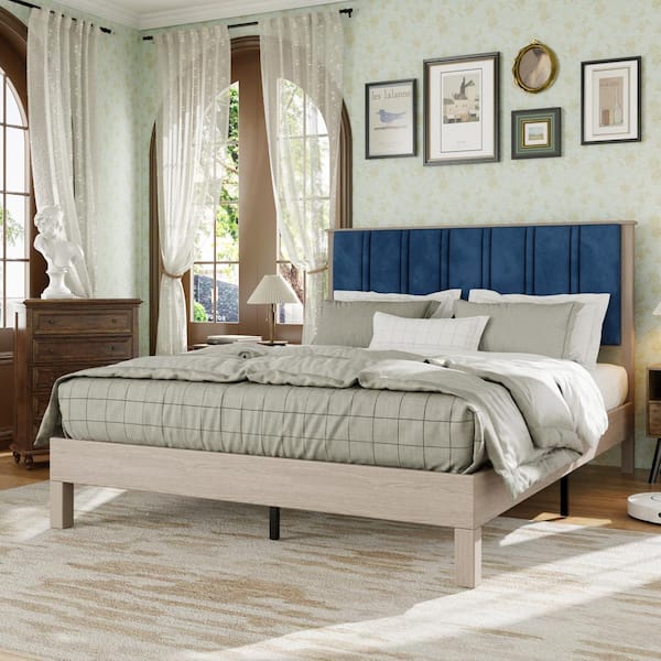 sumyeg Antique Gray White Wood Frame King Platform Bed with Navy Blue Upholstered Headboard
