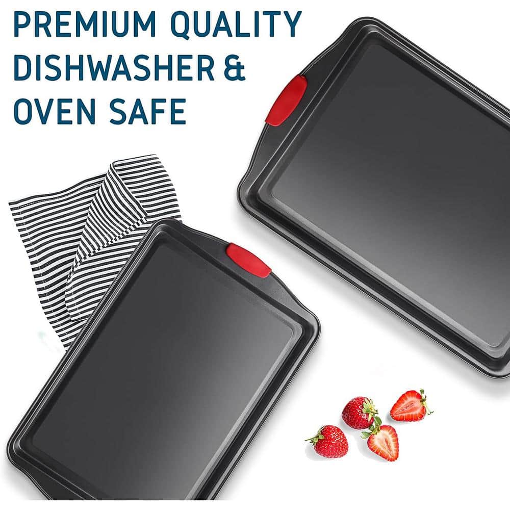 JoyTable Nonstick Carbon Steel Cookie Sheet Set with Red Silicone Handles