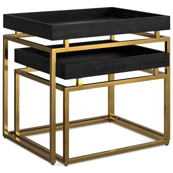 Simpli Home Macy Solid Mango Wood and Metal 20 in. W Rectangle Contemporary 2-Piece Nesting Table in Black, Gold, Fully Assembled