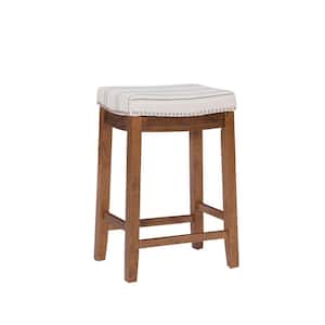 Concord 26.5 in. Seat Height Brown Backless Wood Frame Counterstool with Beige Striped Linen Seat