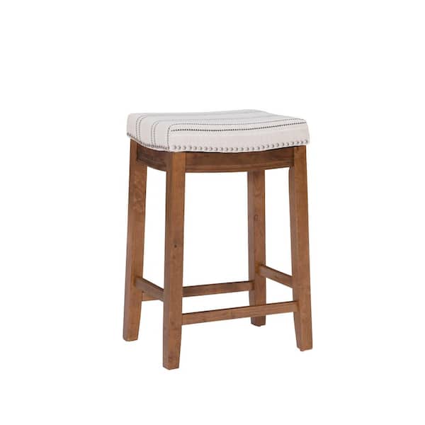 Linon Home Decor Concord 26.5 in. Brown Backless Wood Counter Stool with Beige Striped Fabric Seat