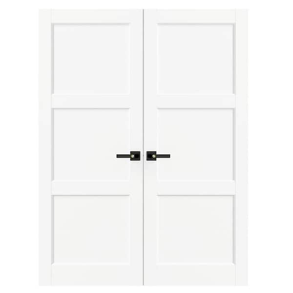 60 in. x 80 in. MDF, Composite, Pre-assembled Panel, Primed, White, 3 Panel Interior Door Slab With Black Lever Handle