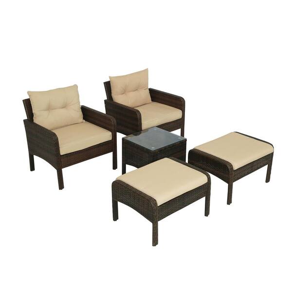 Unbranded Brown 5-Piece Wicker Patio Conversation Sectional Seating Set with Beige Cushions