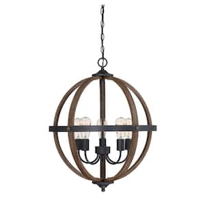 22 in. W x 28 in. H 5-Light Wood Hoop Chandelier with Black Accents