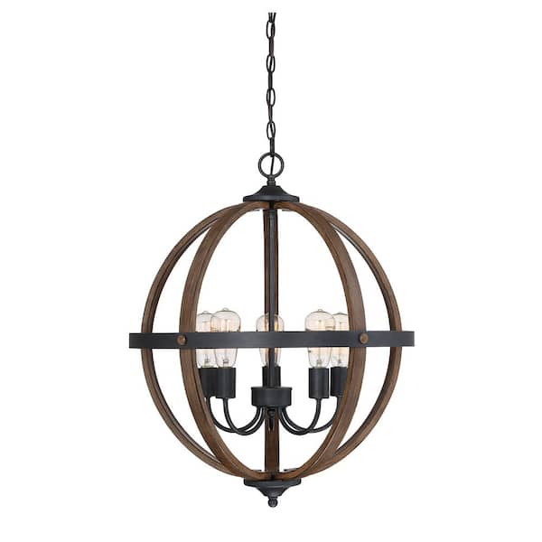 22 in. W x 28 in. H 5-Light Wood Hoop Chandelier with Black Accents