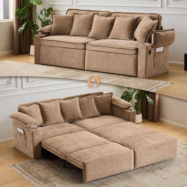 Sophia 3-in-1 Convertible 82.7 in. Khaki Chenille Upholstered King Sofa Bed with Pillows, USB Charging Port, Storage