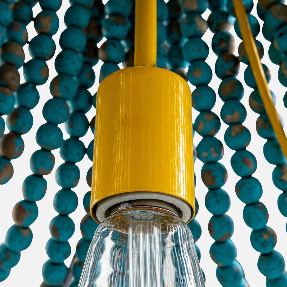 Eclectic Boho Multicolor Wood Beaded Chandelier with Yellow Metal Canopy