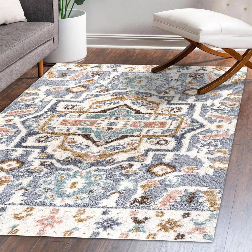 Aziza Gray and Multicolor Synthetic Medallion Area Rug