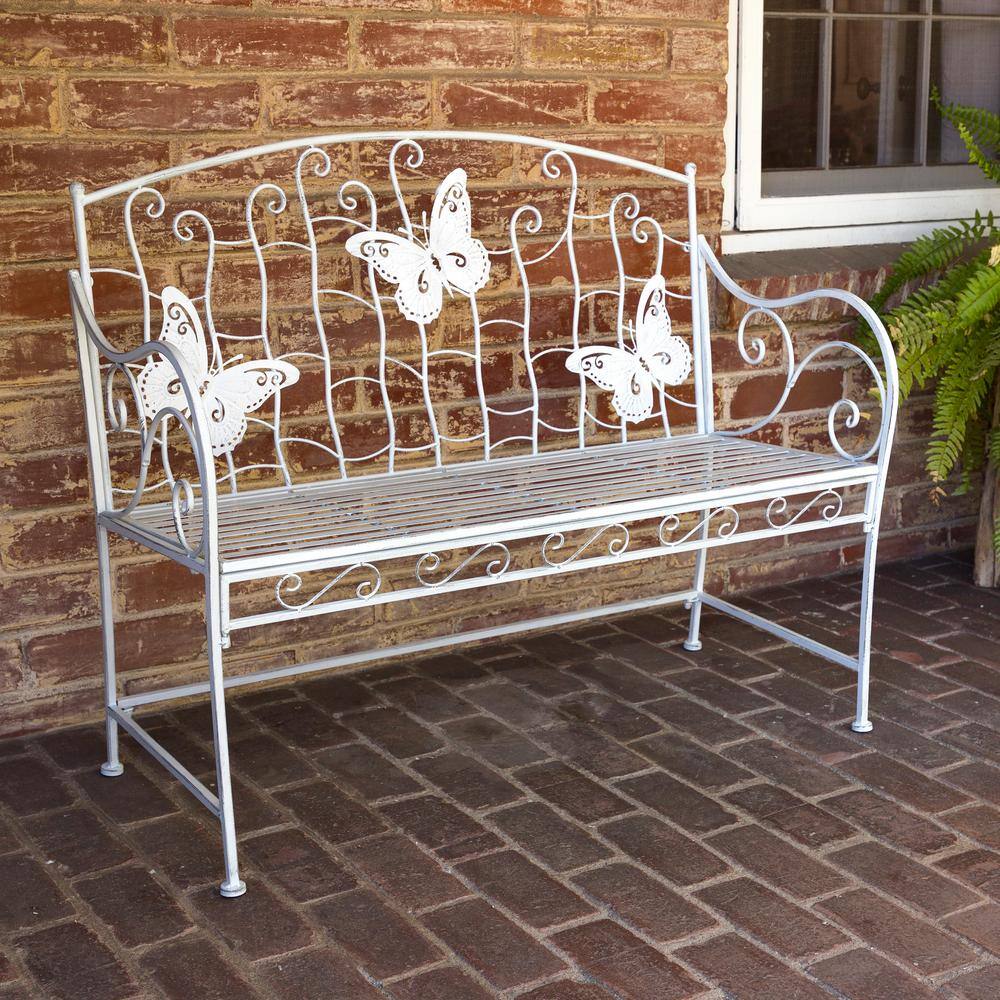 White Metal Butterfly Backrest Garden Bench, 43"
