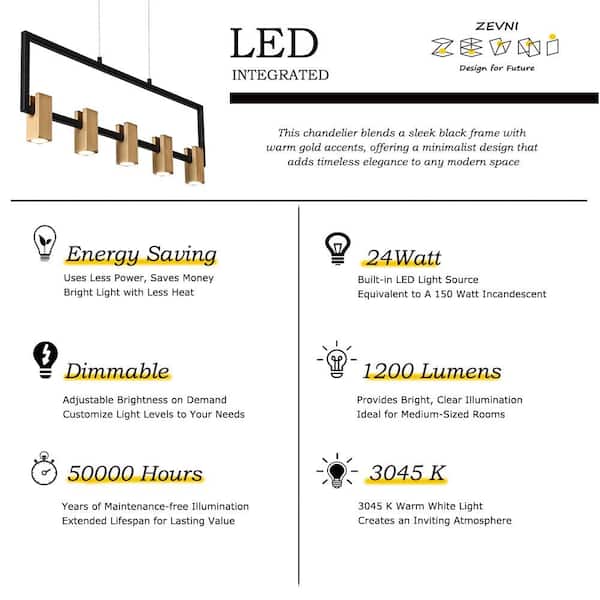 Zevni 24W Integrated LED 5-Light Brass Linear Chandelier