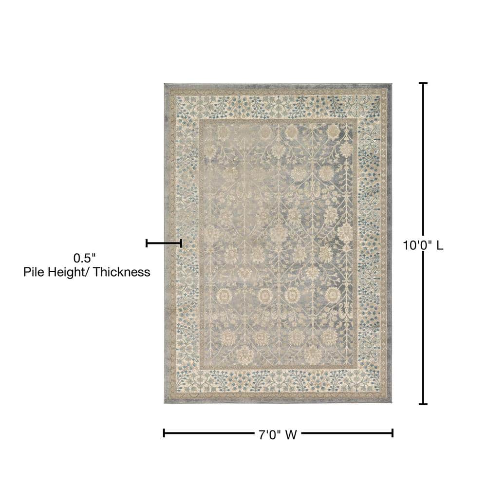 Gray Floral Synthetic Easy Care Stain-Resistant 7' x 10' Rug