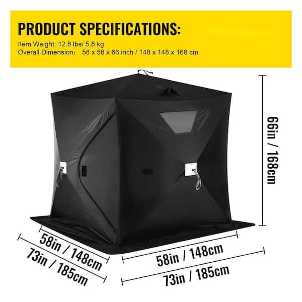VEVOR 2-3 Person Ice Fishing Shelter, Pop-Up Portable Insulated Ice Fishing Tent, Waterproof Oxford Fabric, Black