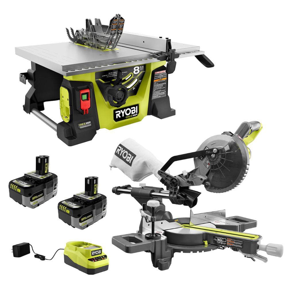 Ryobi ONE+ HP 18V Brushless Cordless 8-1/4 in. Compact Portable Jobsite Table Saw and Miter Saw Kit w/ (2) Batteries & Charger