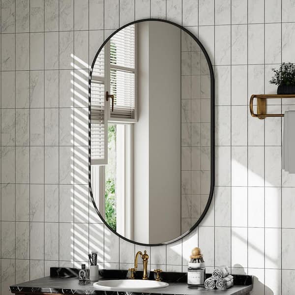20.1 in. W x 35.8 in. H Modern Runway-Shaped Oval Black Aluminum Alloy Framed Bathroom Mirror Wall Mirror