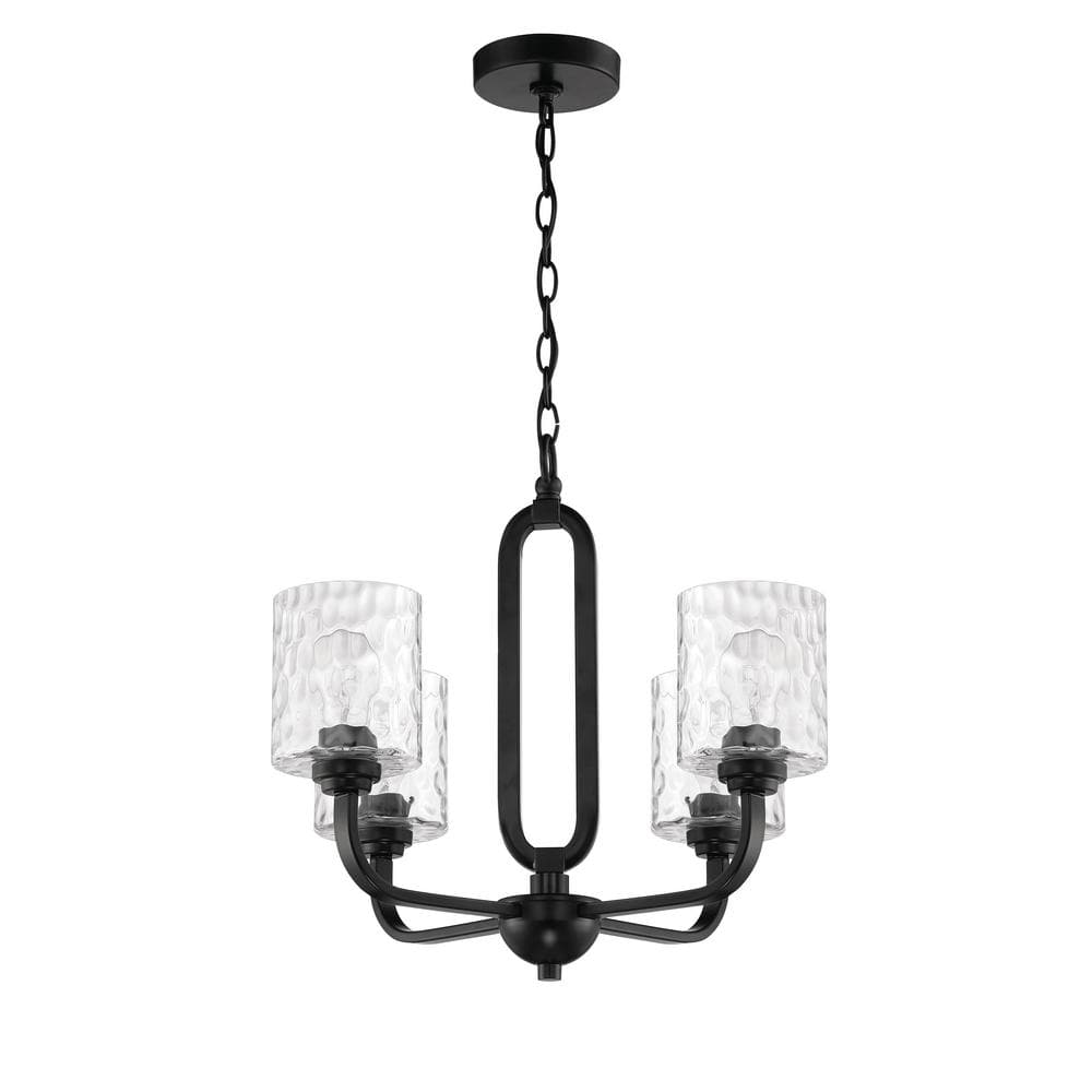 Flat Black 4-Light Chandelier with Clear Hammered Glass Shades