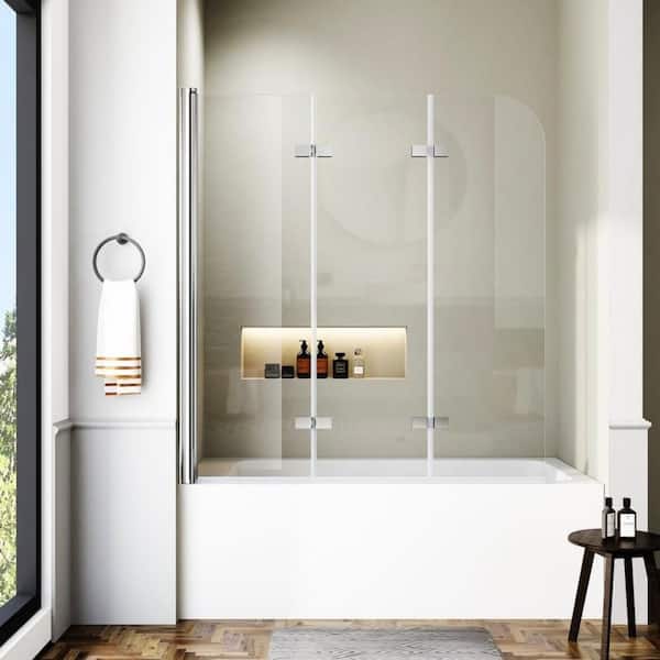 48 in. W x 55 in. H Foldable Hinged Bathtub Door in Explosion-Proof Film 1/4 in. Tempered Glass, Semi-Frameless, Chrome