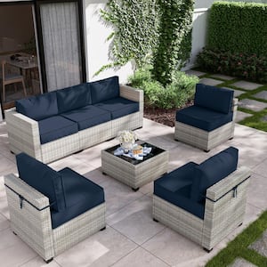 14-Piece Wicker Outdoor Sectional Set with Navy Blue Cushion