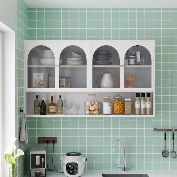 4-Door Glass 47 in. W x 9 in. D x 27.5 in. H Bathroom Storage Wall Cabinet in White Kitchen Organizers Pantry Sideboard