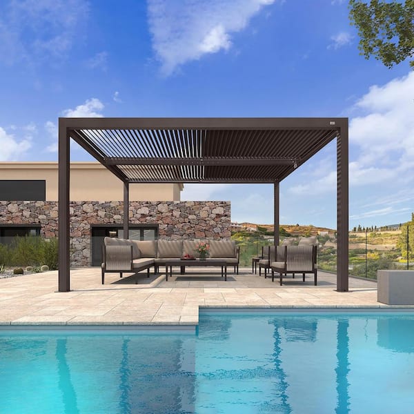 PURPLE LEAF 11 ft. x 13 ft. Bronze Aluminum Outdoor Louvered Pergola with Adjustable Canopy Retractable Hardtop Gazebo Sun Shade
