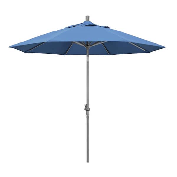 California Umbrella 9 ft. Hammertone Grey Aluminum Market Patio Umbrella with Collar Tilt Crank Lift in Frost Blue Olefin