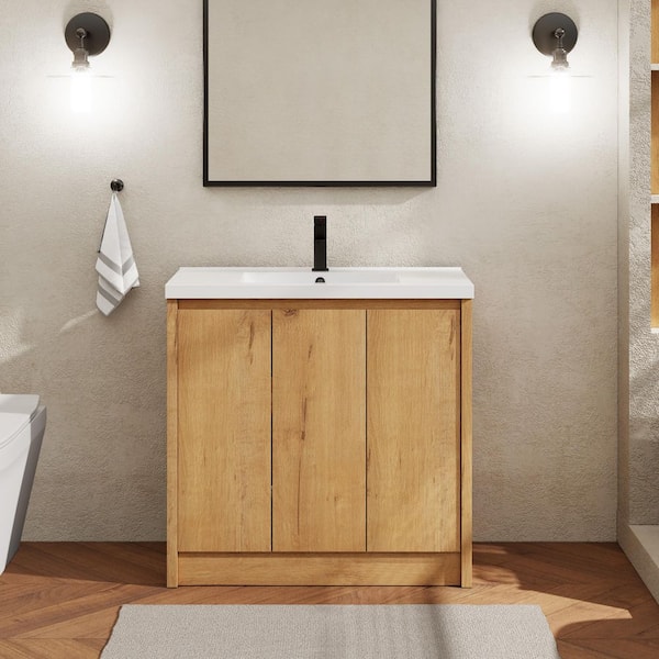 eclife Natural Wood 36 in. W Single Sink Freestanding Oak Bath
