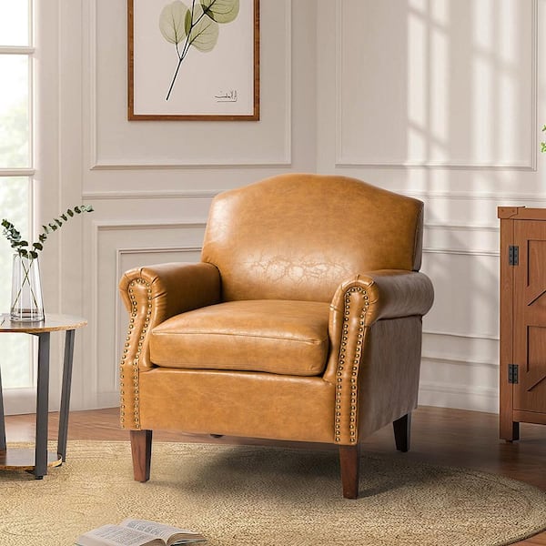 JAYDEN CREATION Gianluigi Camel Faux Leather Arm Chair with Nailhead Trim (Set of 1)