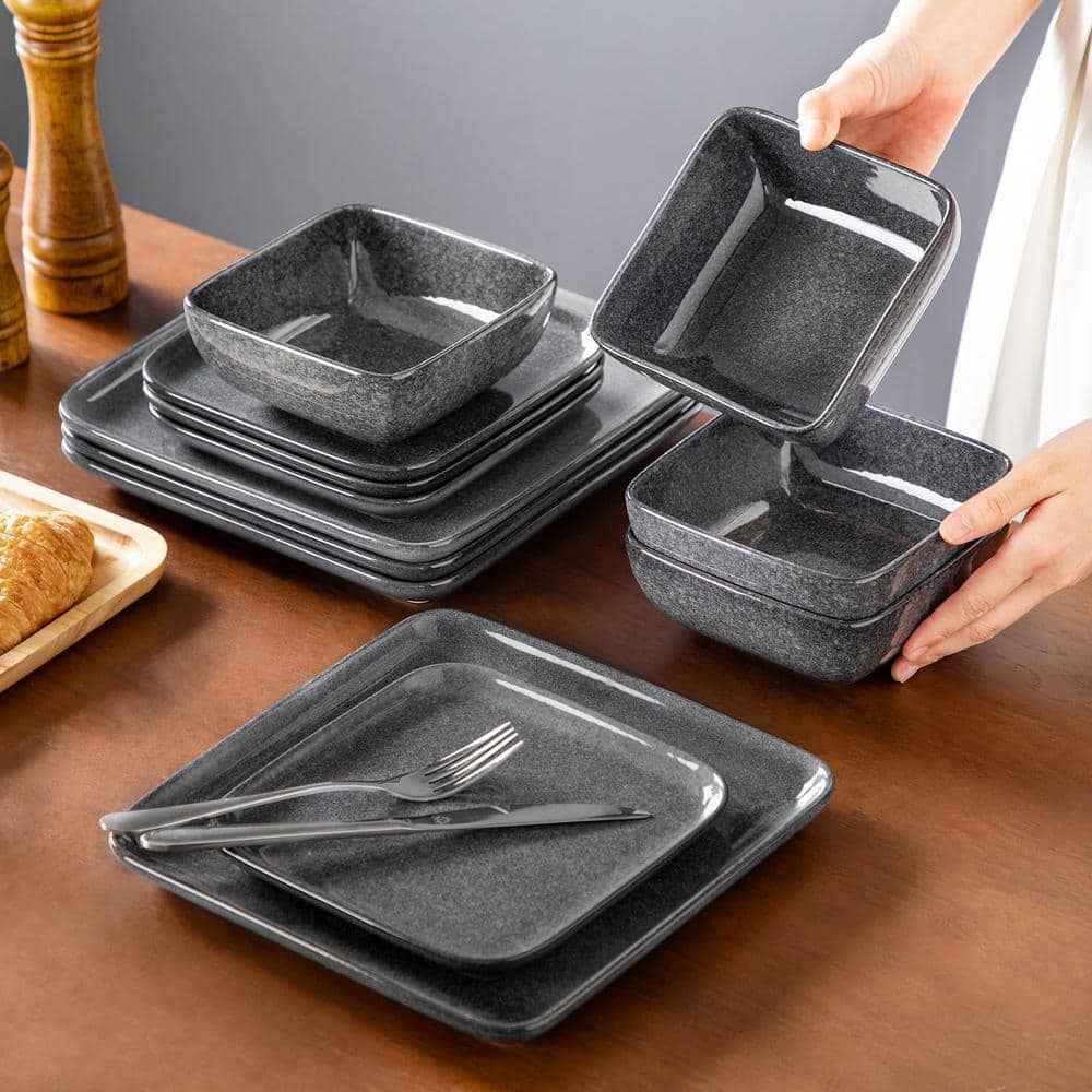 12-Piece Gray Stoneware Dinnerware Set - Thumbnail 4