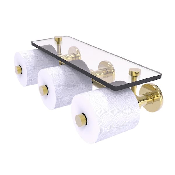 Allied Brass Prestige Skyline Collection Wall Mounted Toilet Paper Holder in Unlacquered Brass with Glass Shelf