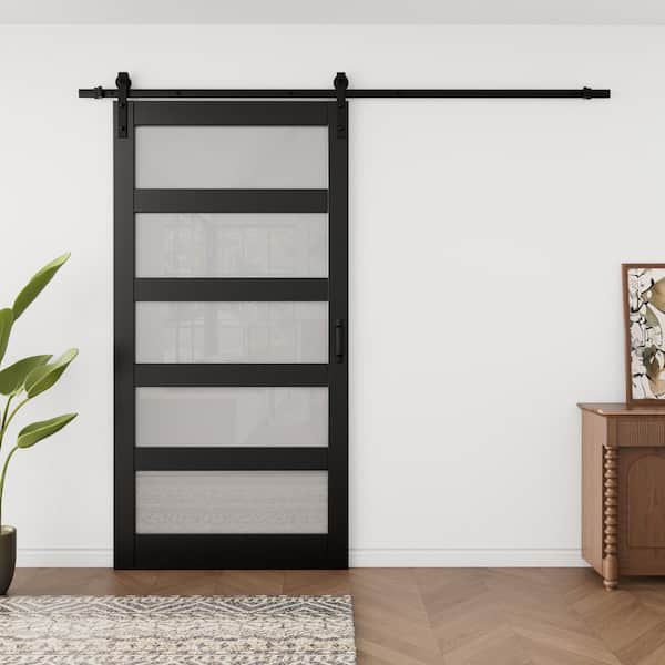 42 in. x 84 in. Waterproof 5-Lite Tempered Frosted Glass Black Finished MDF Sliding Barn Door with Hardware Kit