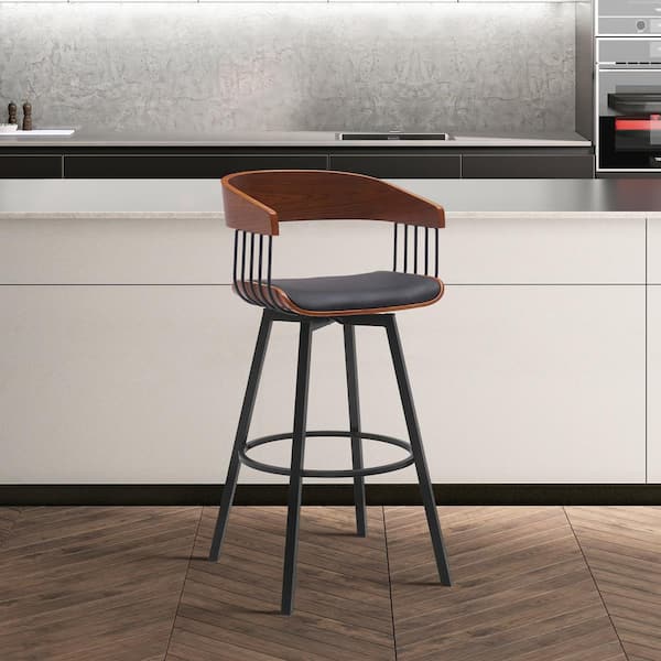 Armen Living Athena Swivel 31 in. Black/Walnut and Black Metal/Wood Bar Stool with Black Faux Leather Seat