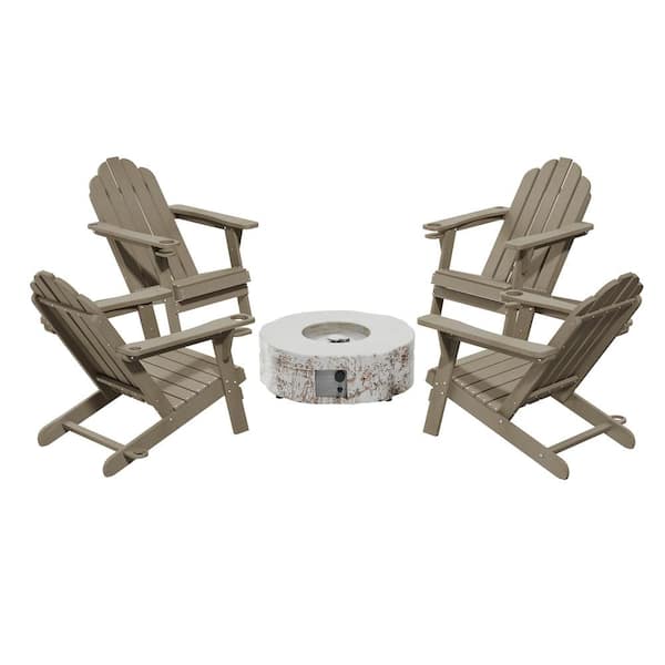 Clihome 5-Piece Set Outdoor Adirondack HDPE Material Plastic Brown Chair with 28 in. Composite Material Patio Fire Pit Table