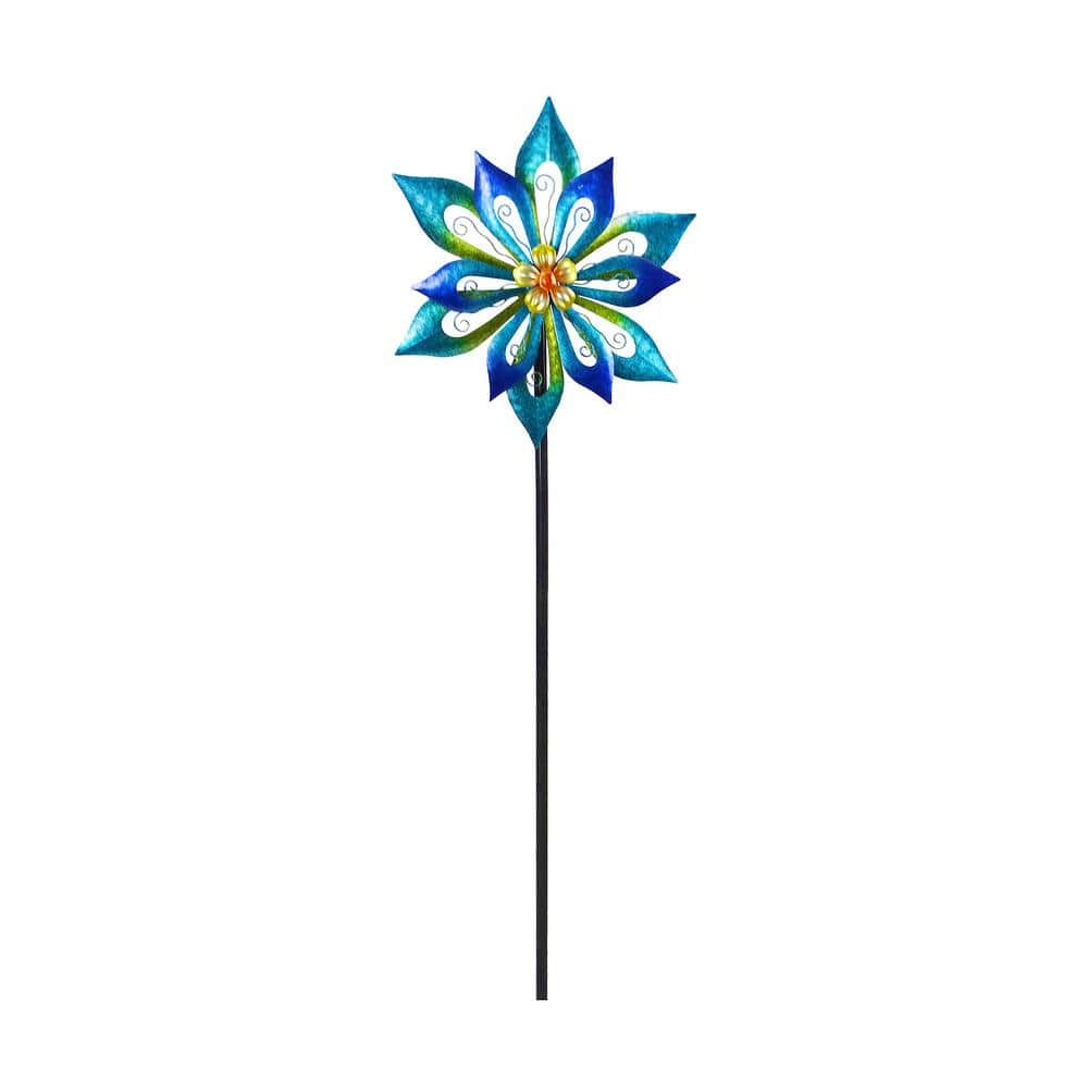 Turquoise Metal Flower Wind Spinner Garden Stake