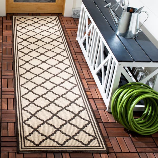 Beach House Cream/Brown 2 ft. x 6 ft. Border Trellis Indoor/Outdoor Patio  Runner Rug