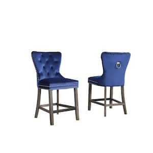 Maya 24 in. H Navy Blue Velvet Full Back Counter Height Chair with Wood Leg, Nail Head Trim and Back Ring (Set of 2)